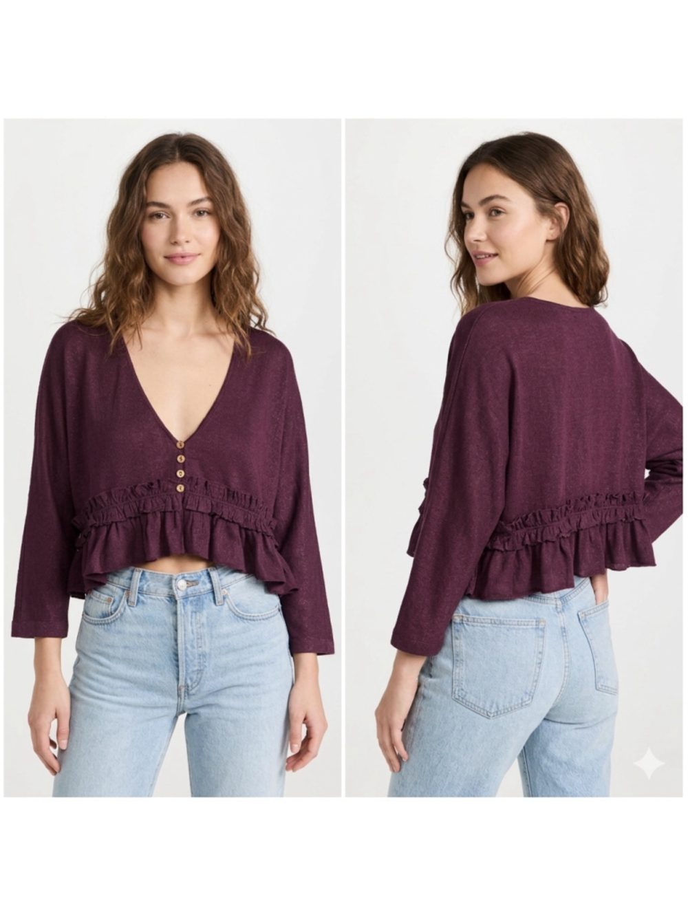 Free People Purple Shimmer Ruffle Crop Top Size S Plunging V-Neck Boho Shacket